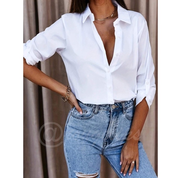 Snow White Button Down Shirt Long Sleeve Collared - Picture 5 of 7